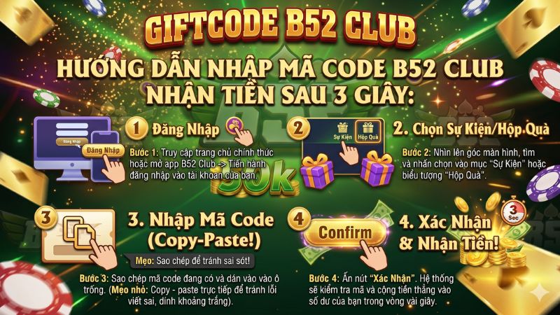 Quy trình các bước nhập mã Giftcode B52 Club để nhận tiền thưởng về tài khoản)