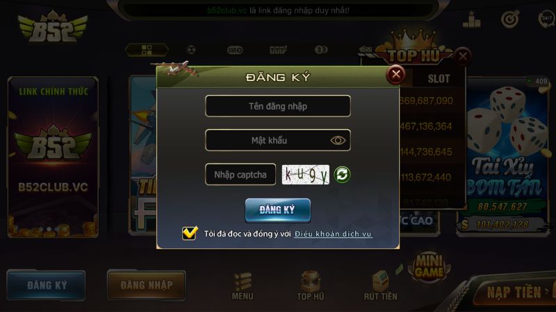 Form đăng ký tài khoản thành viên mới tại B52 Club